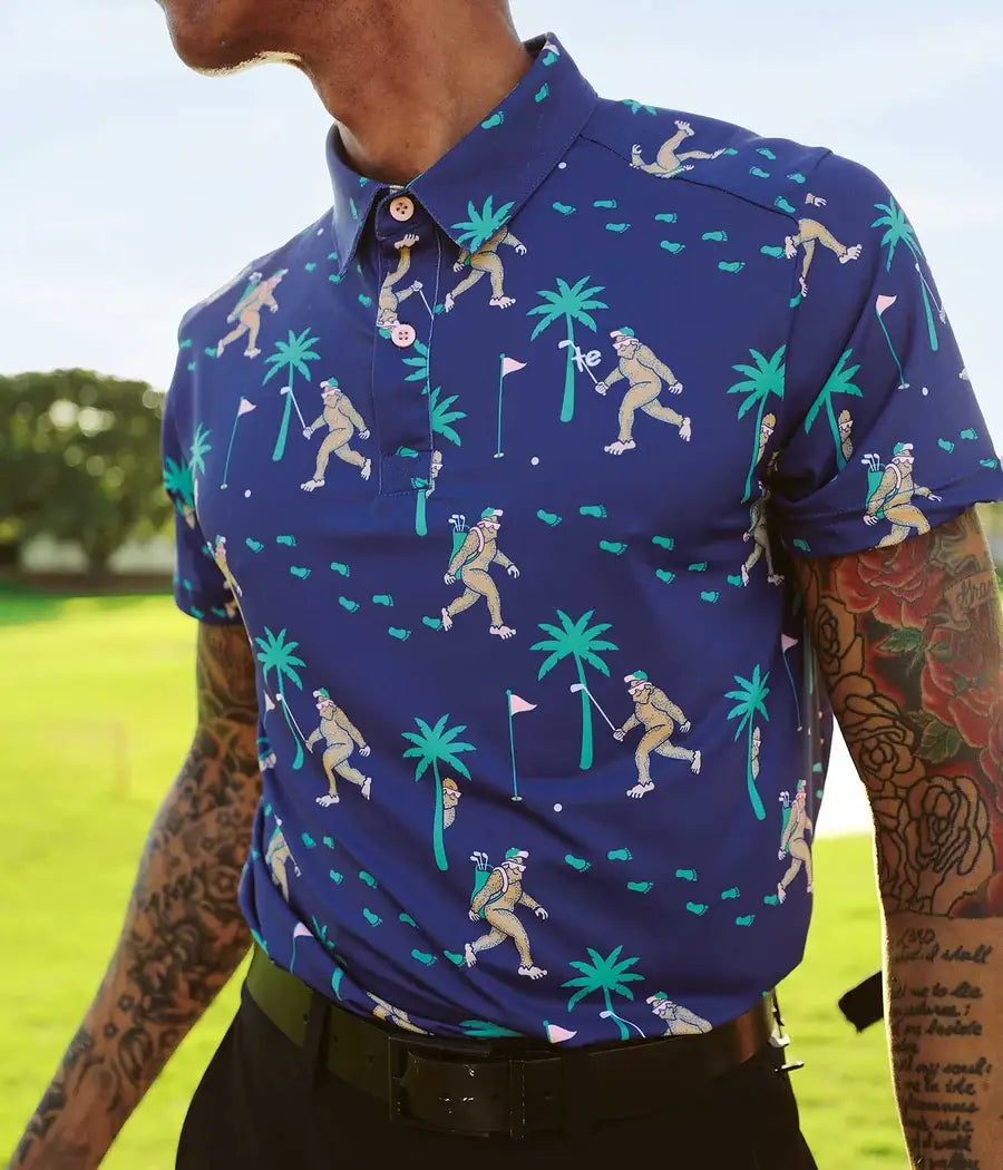 Tipsy Elves - Bigfoot Bogey Men's Golf Shirt - Blue Sasquatch Golf Polo