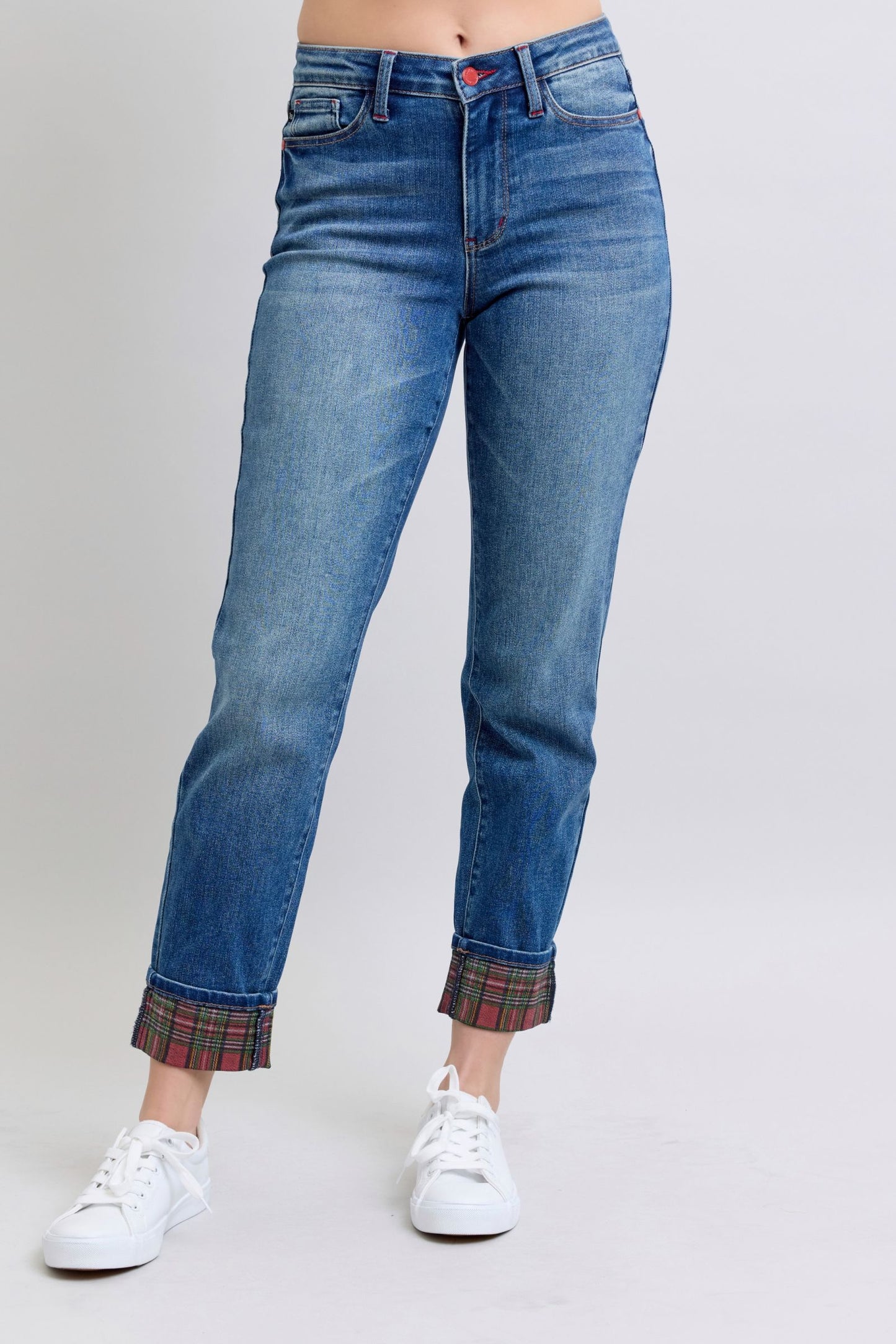 Judy Blue Plaid Print Cuff Jeans 88877