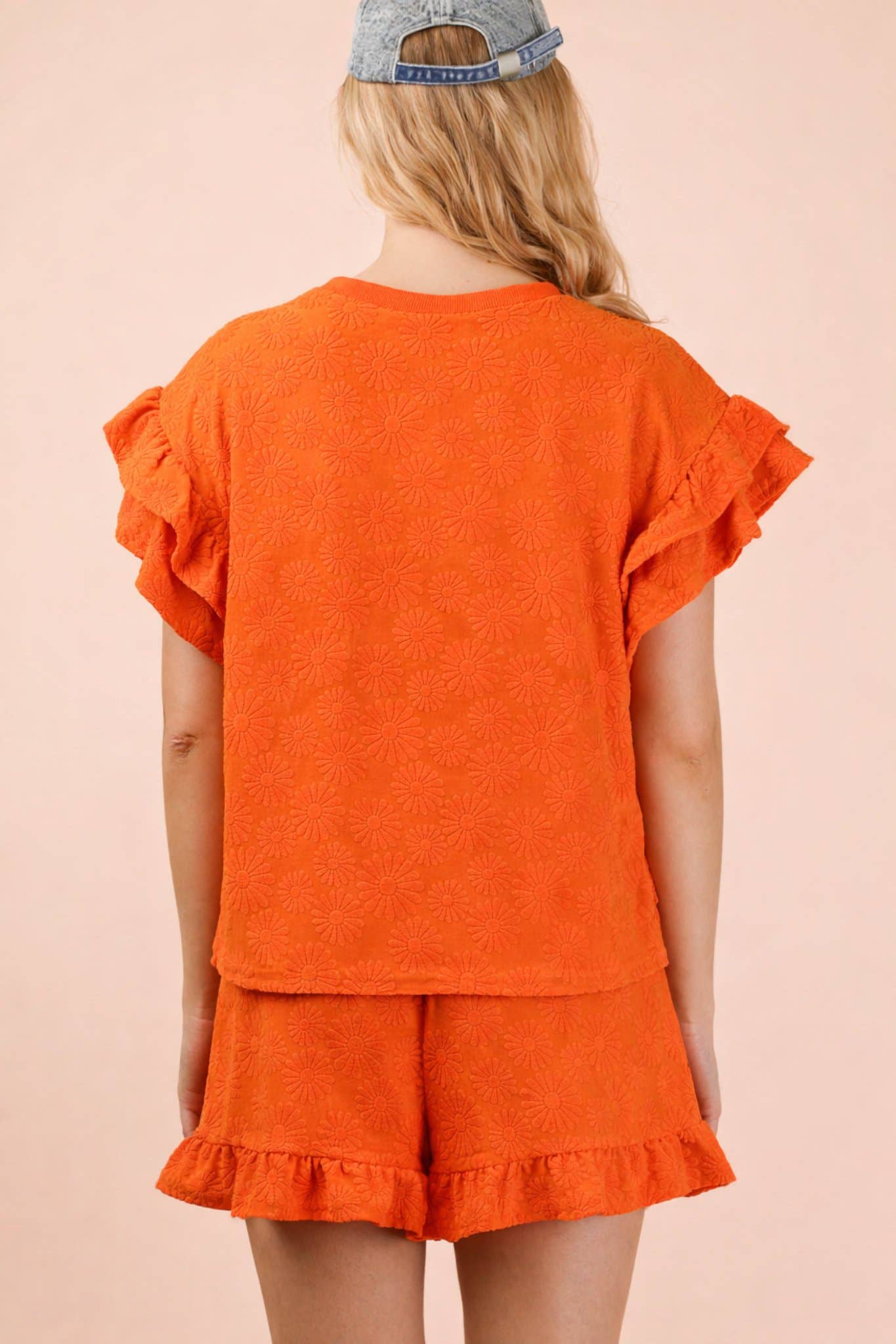 Orange Textured Shirt Shorts Set
