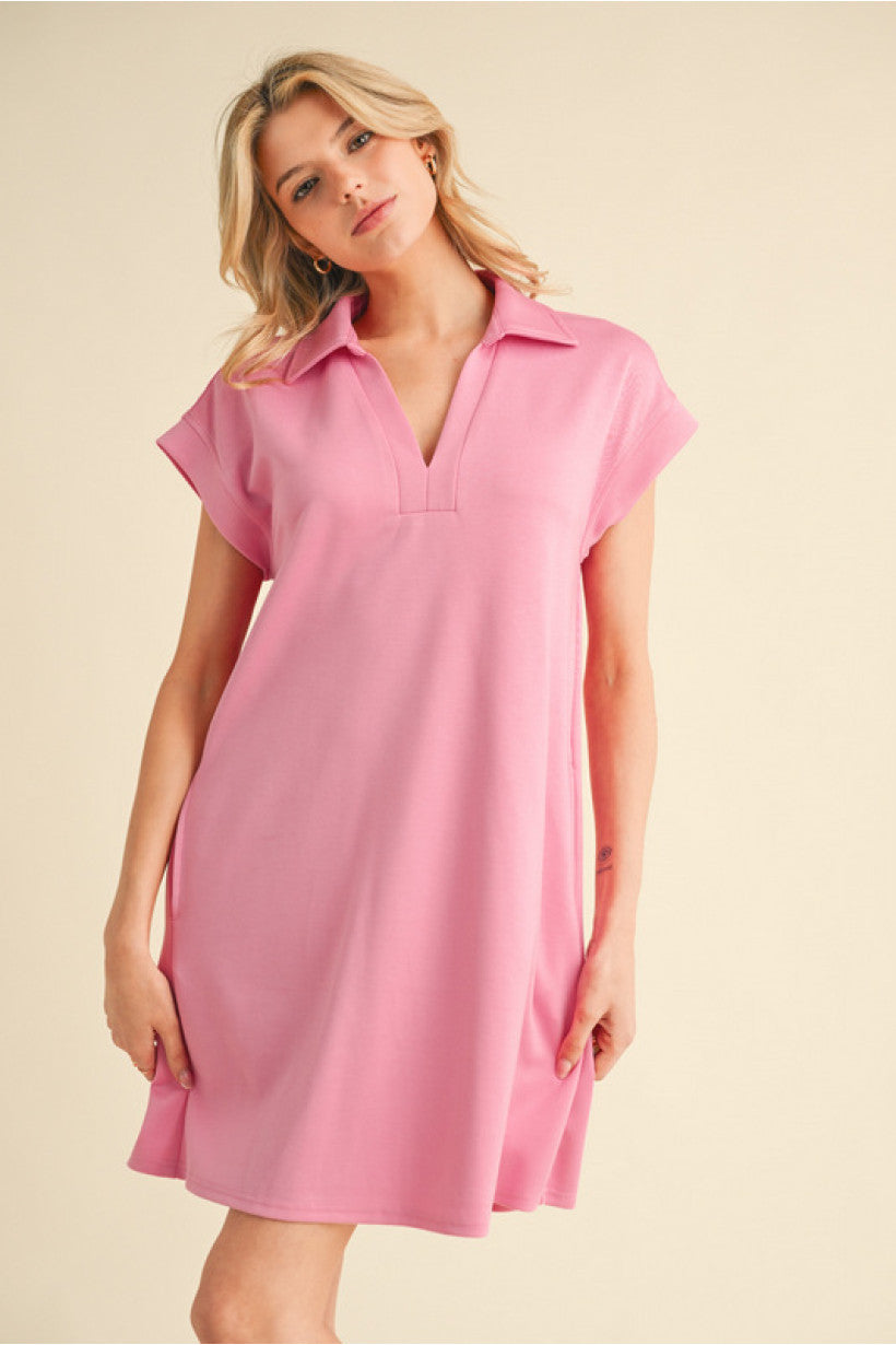 Solid Pink Dres Open Collared Neck