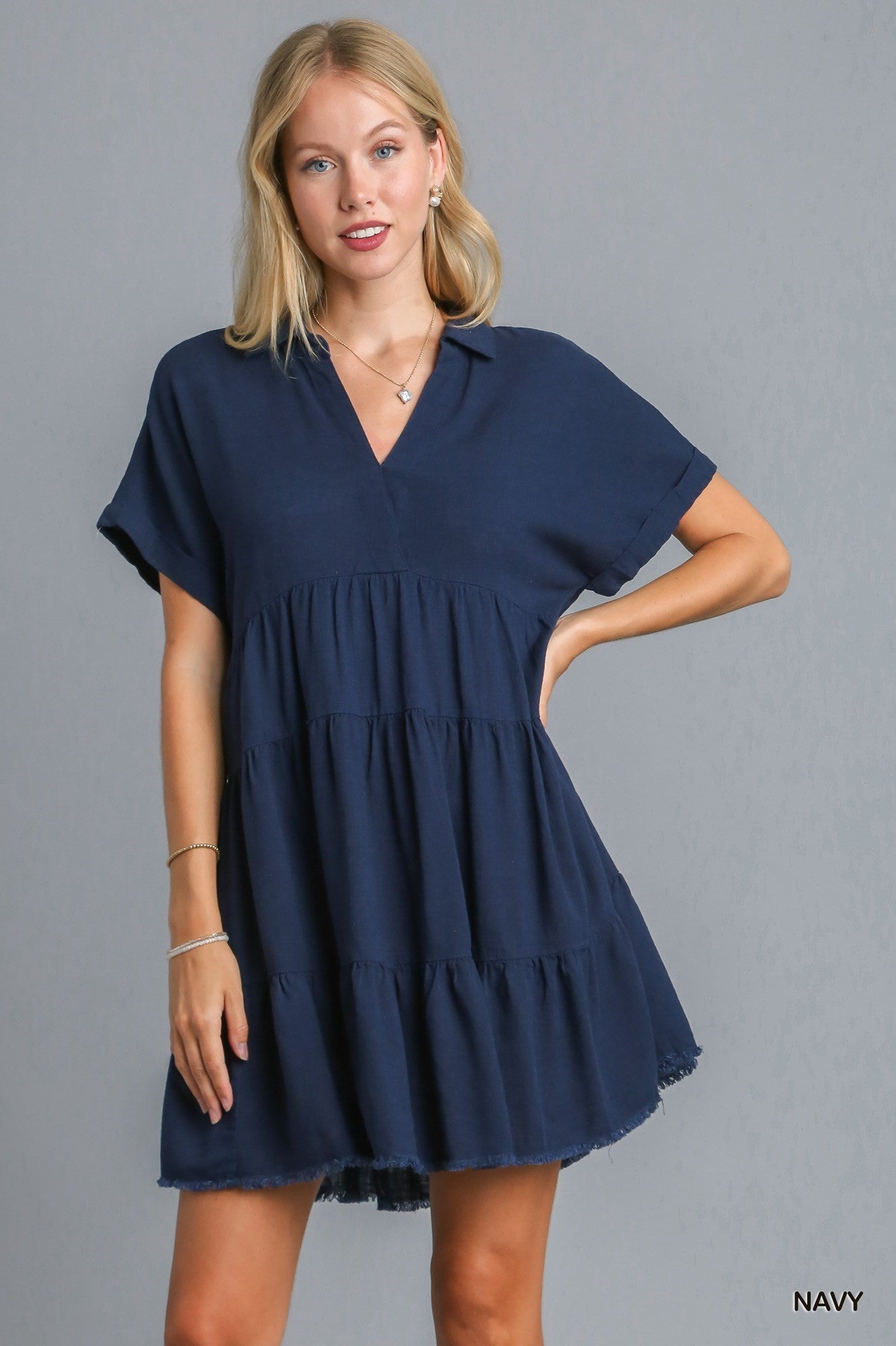 Linen Blend V-Neck Collared Ruffle Tiered Dress