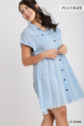 Snow Washed Button Front Ruffle Dress( Denim)