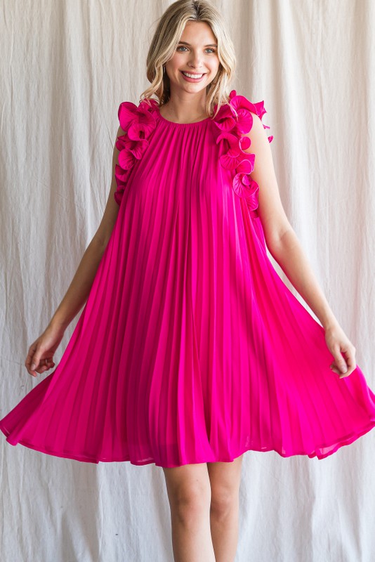 Pleated Dress w/Ruffle Sleeves
