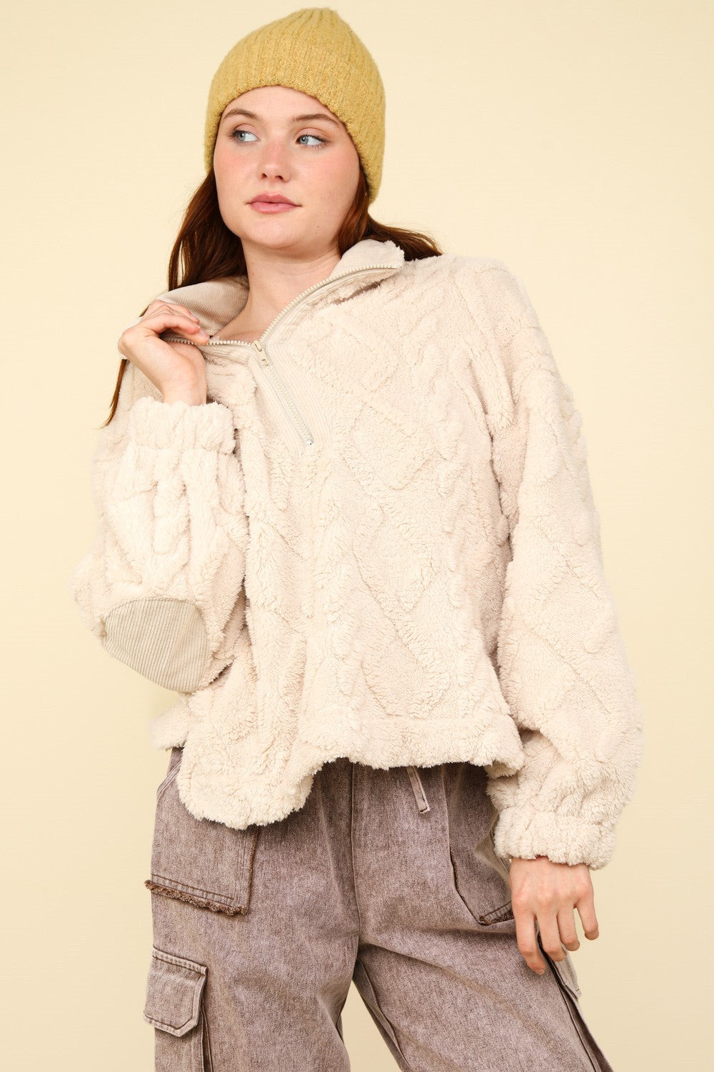 Fuzzy Fleece Cozy Cable Pattern Henley Top