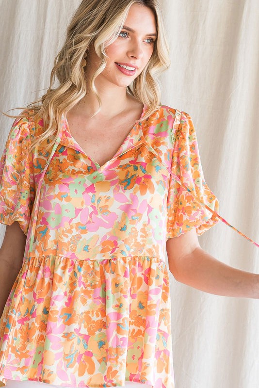 Floral Print Self-Tie Neck Top
