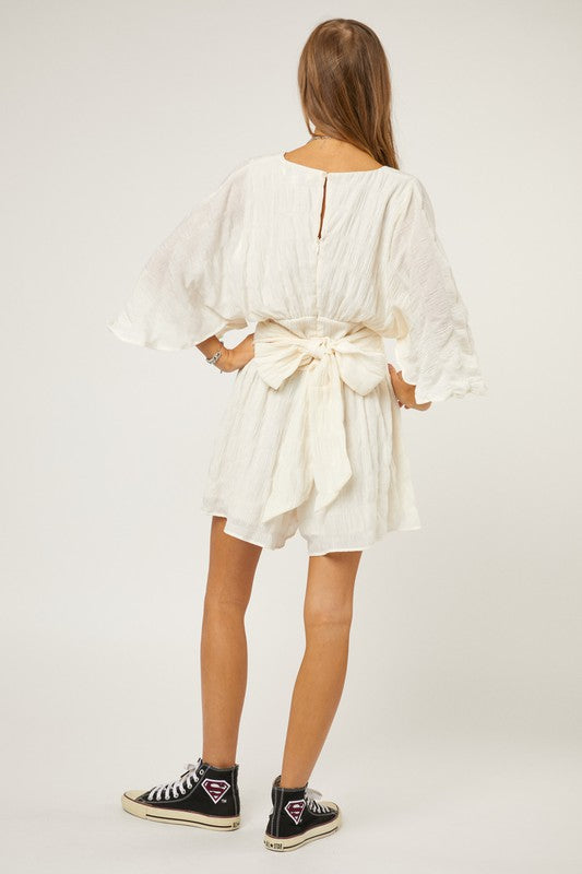 Cream V-Neck Romper w/Waist Belt