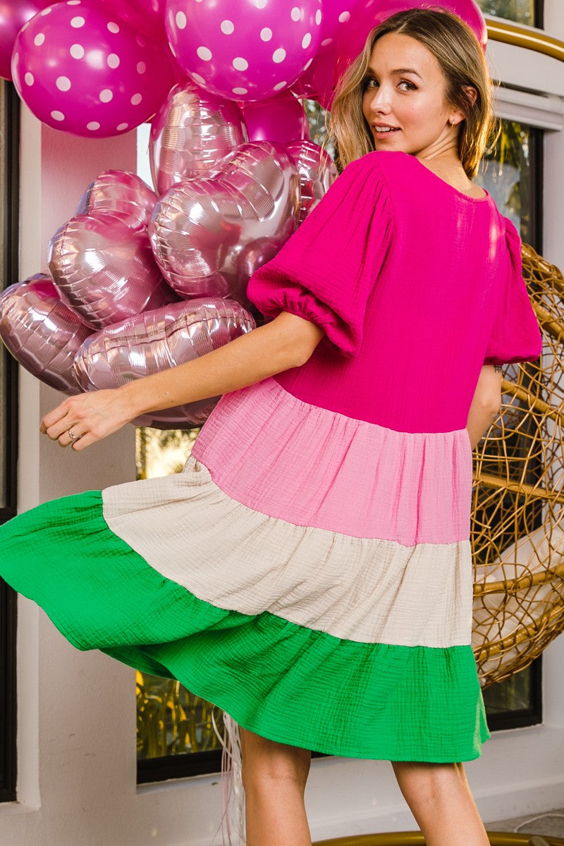 Gauze Color Block Dress w/Puff Sleeves