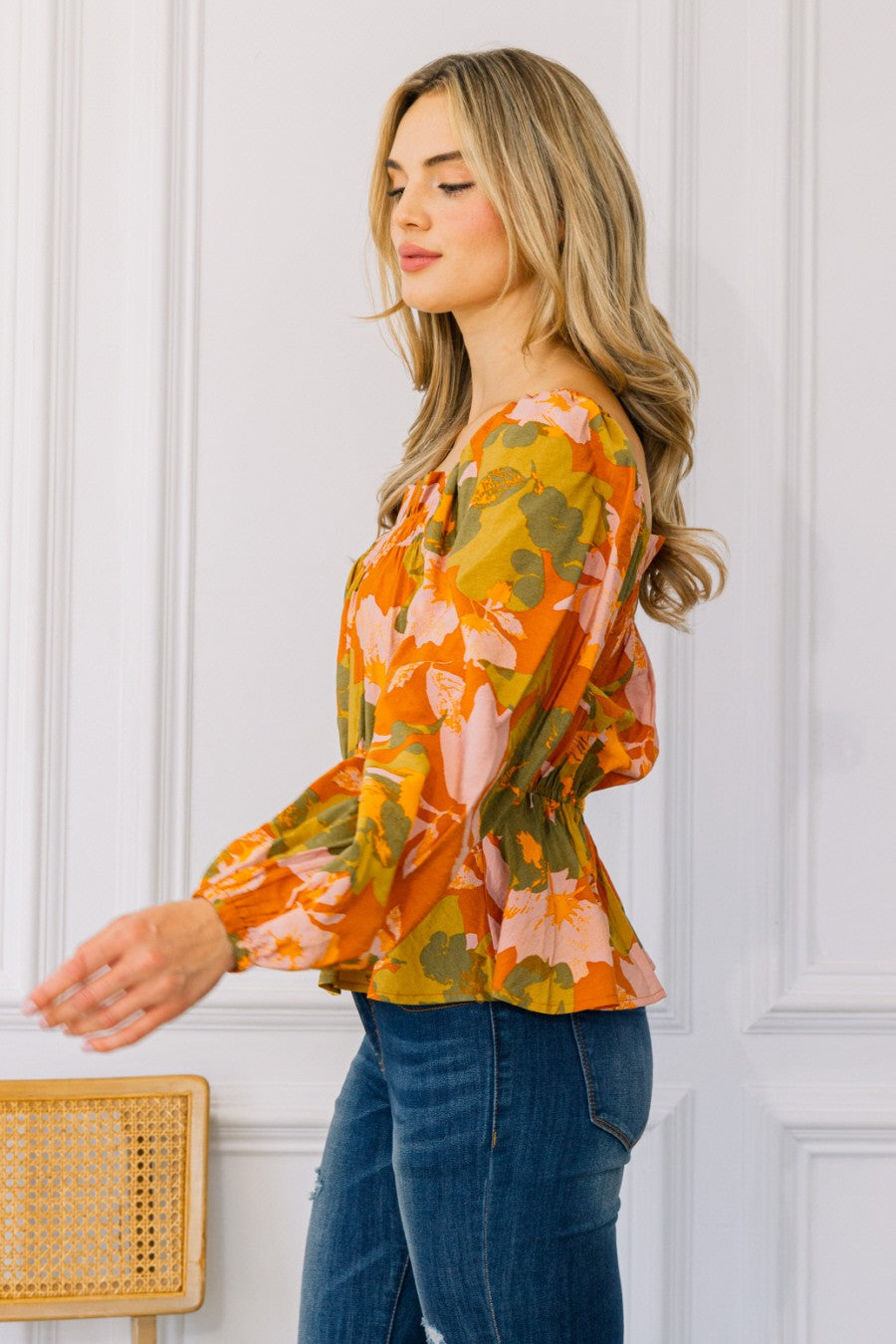 Square Ruched Neck Peplum Foral Top