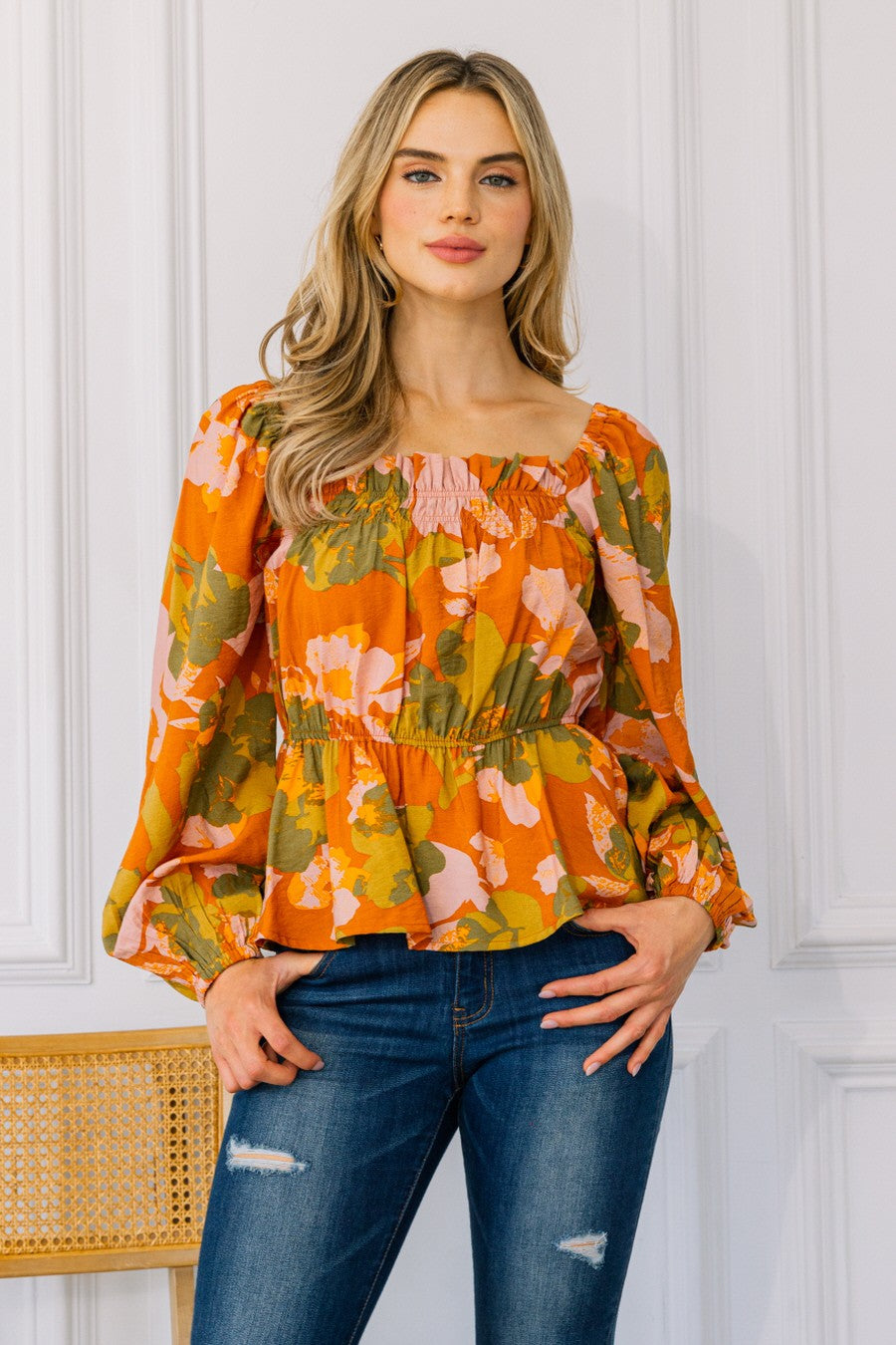 Square Ruched Neck Peplum Foral Top
