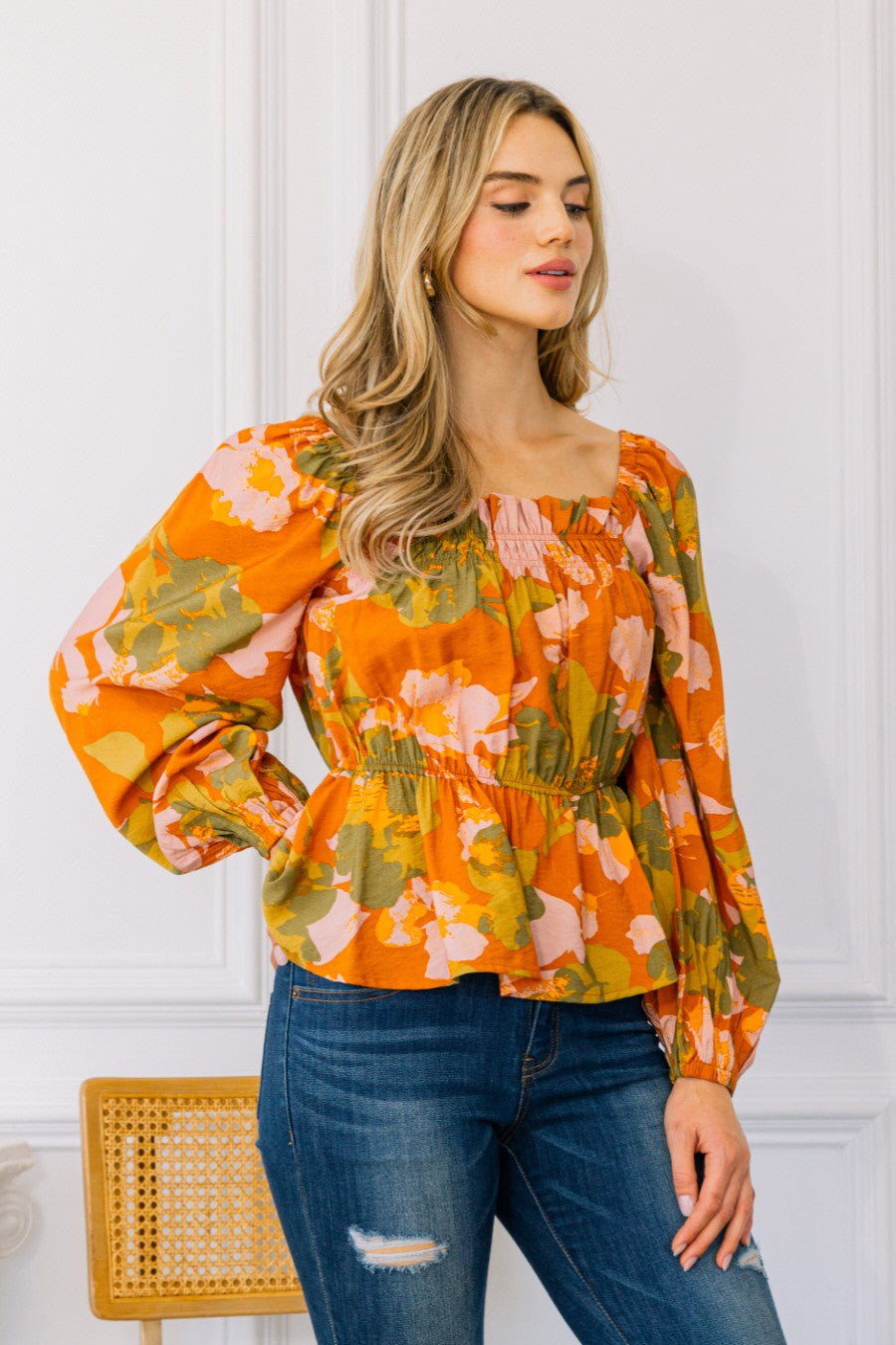 Square Ruched Neck Peplum Foral Top