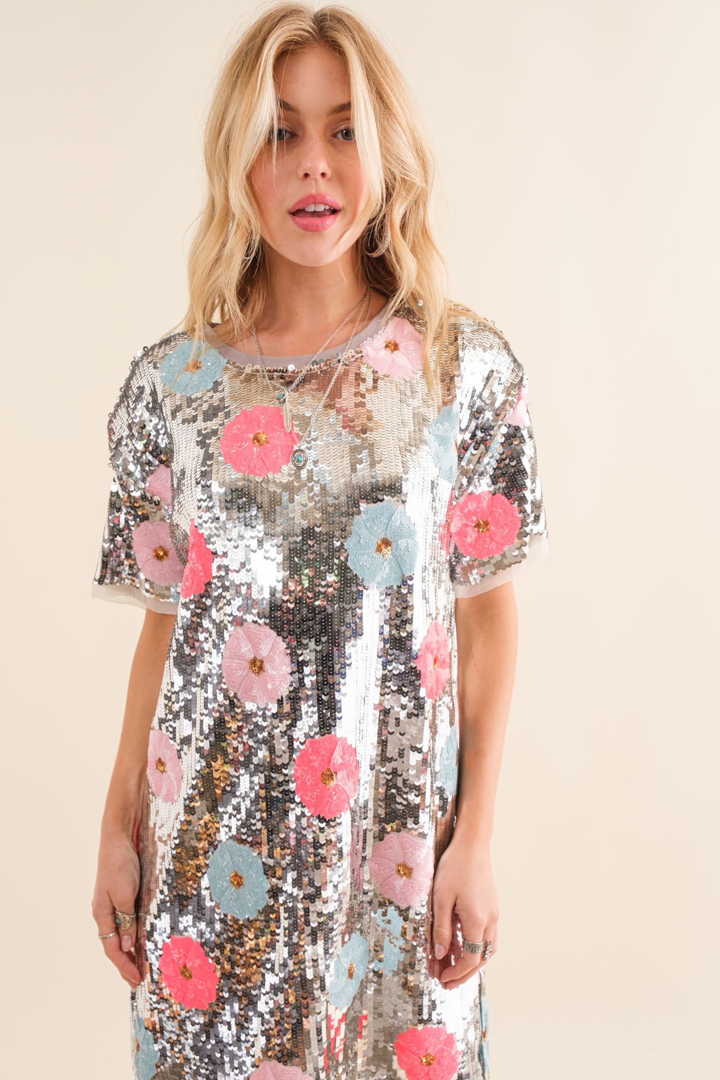 Sequin Multi Flower T Shirt Mini Dress