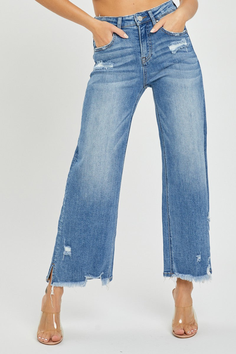 High Ris-Crop Wide-Side Split w/Frey Hem Jeans
