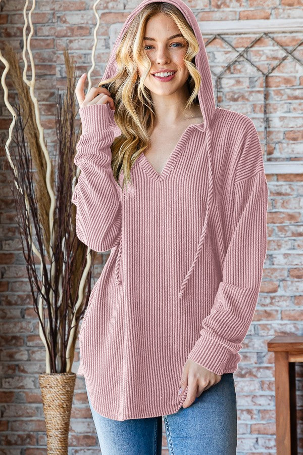 SOLID URBAN RIBBED HOODIE TOP