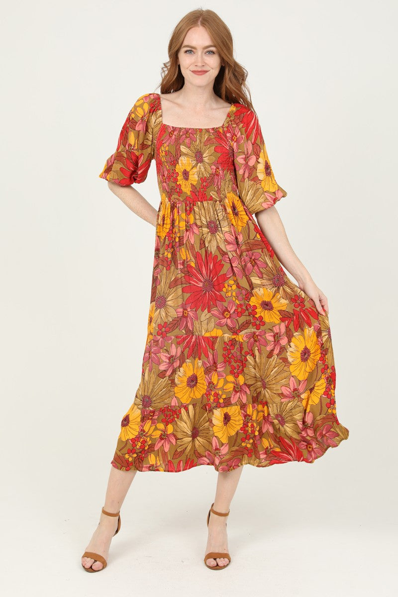 SMOCKED BODICE PUFF SLEEVE MIDI DRESS WITH POCKETS