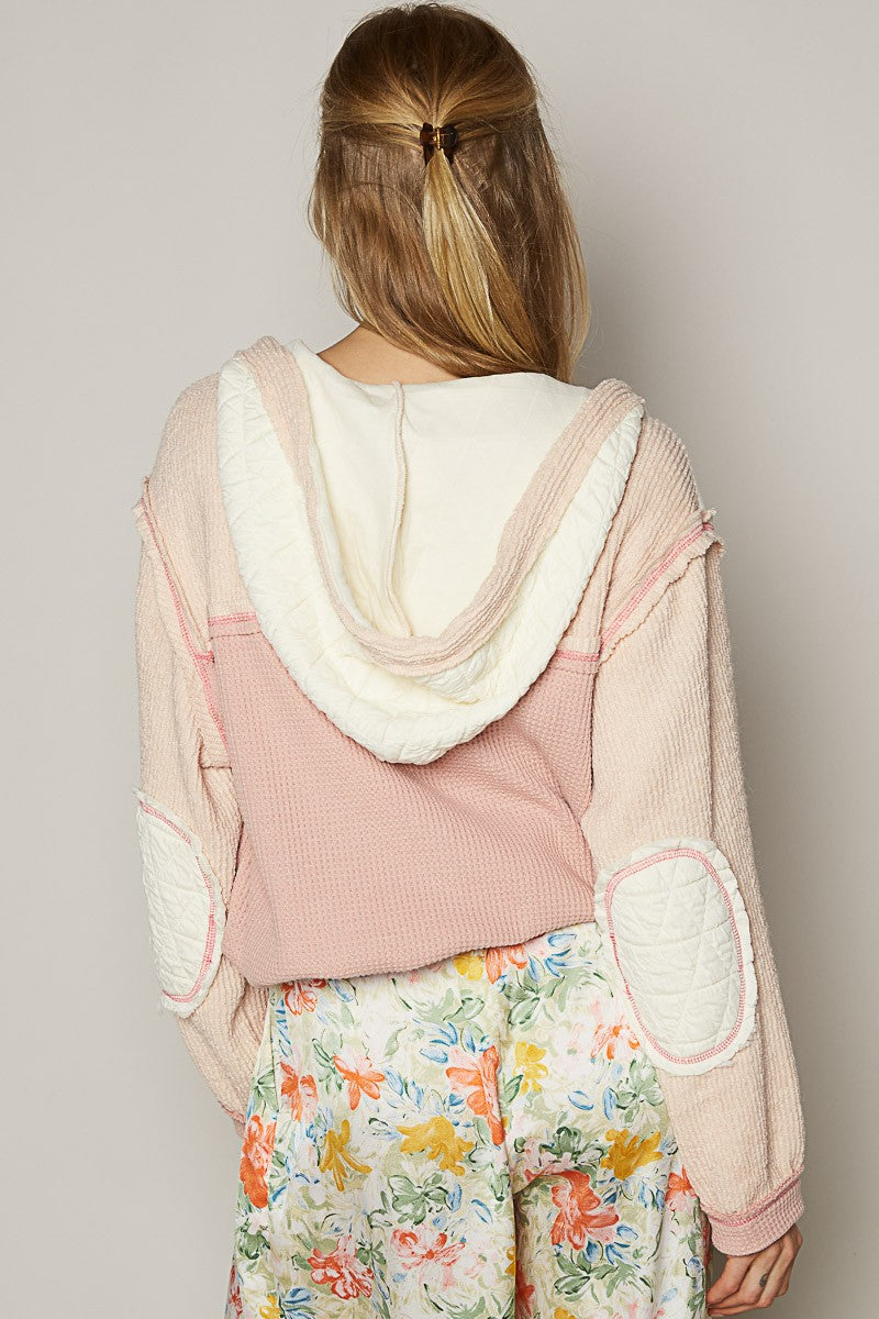 Cut sew multi fabric hooded button down shacket
