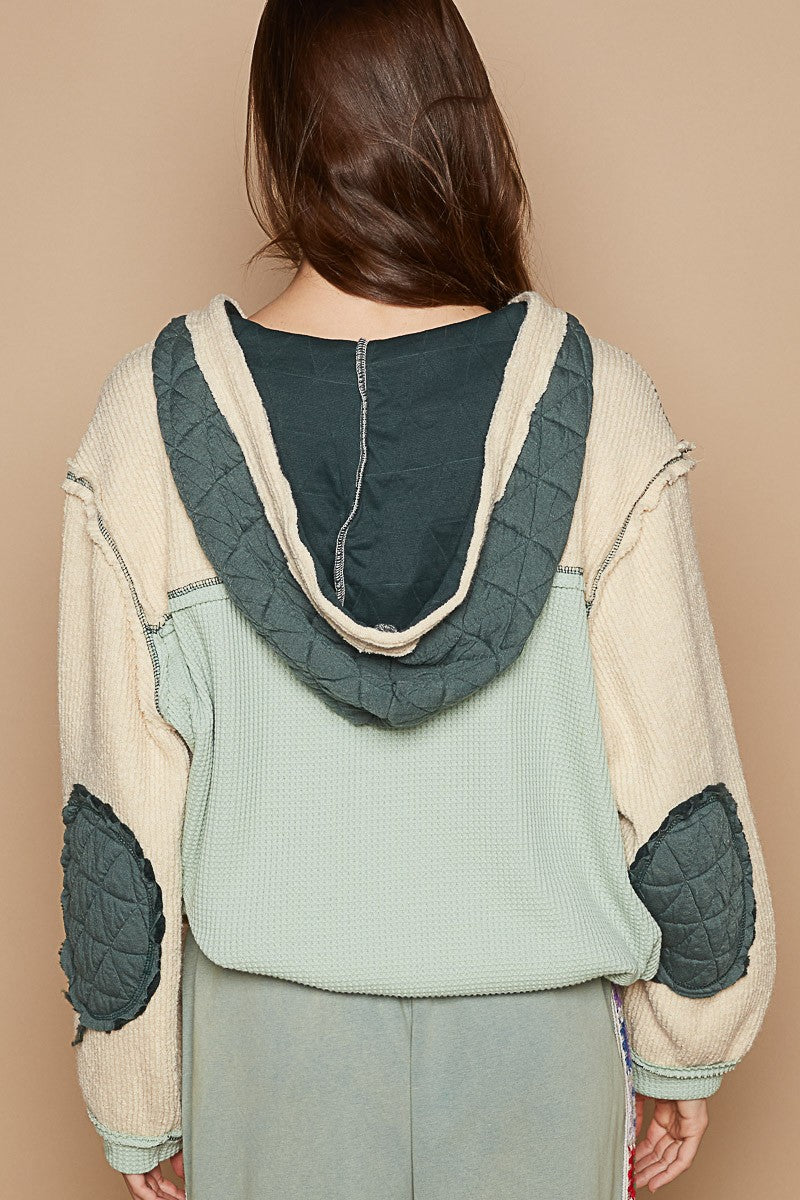 Cut sew multi fabric hooded button down shacket