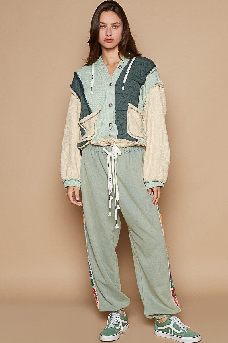 Cut sew multi fabric hooded button down shacket