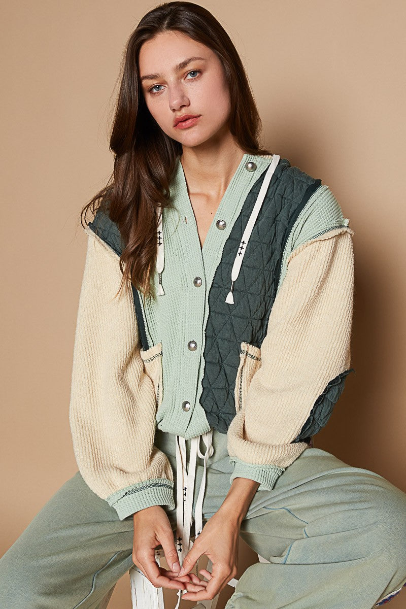 Cut sew multi fabric hooded button down shacket