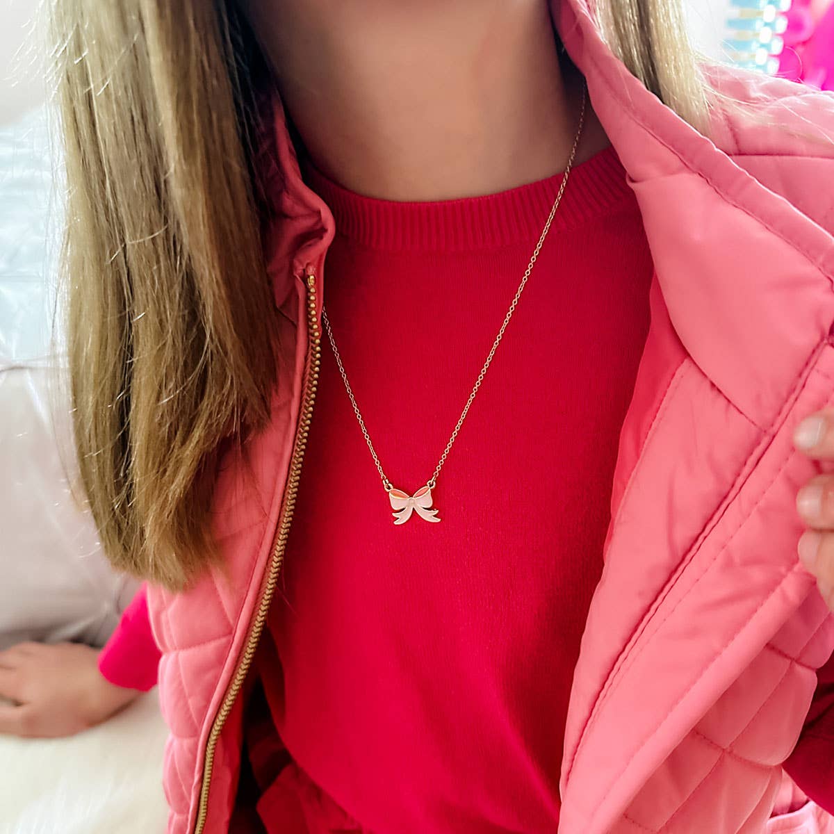 Canvas Style - Zoey Bow Delicate Children's Necklace in Pink