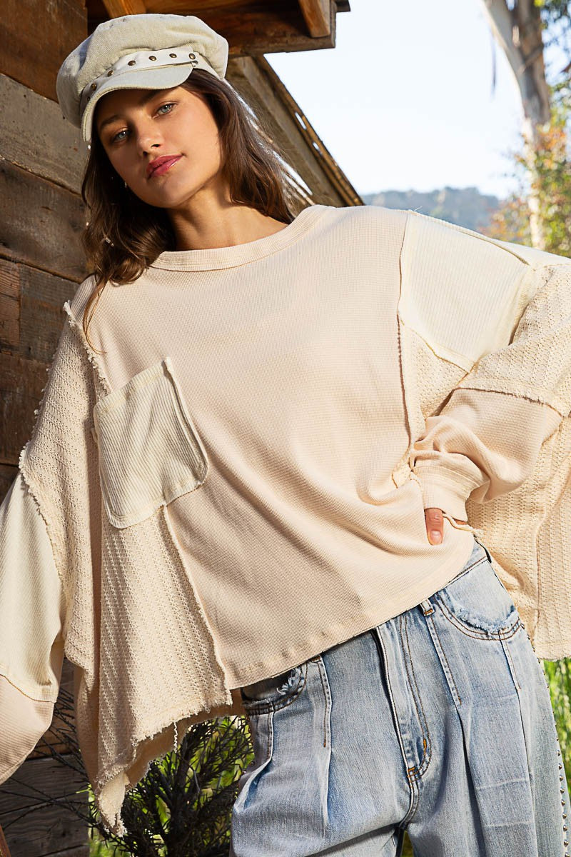 Oversize Cut Sew Mixed Fabric Round Neck Top
