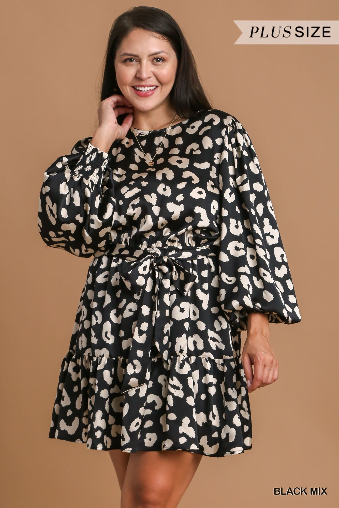 Plus Satin Animal Print Mini Dress with Belt
