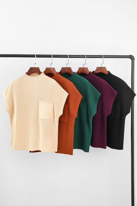Patch Pocket Ribbed Knit Sweater