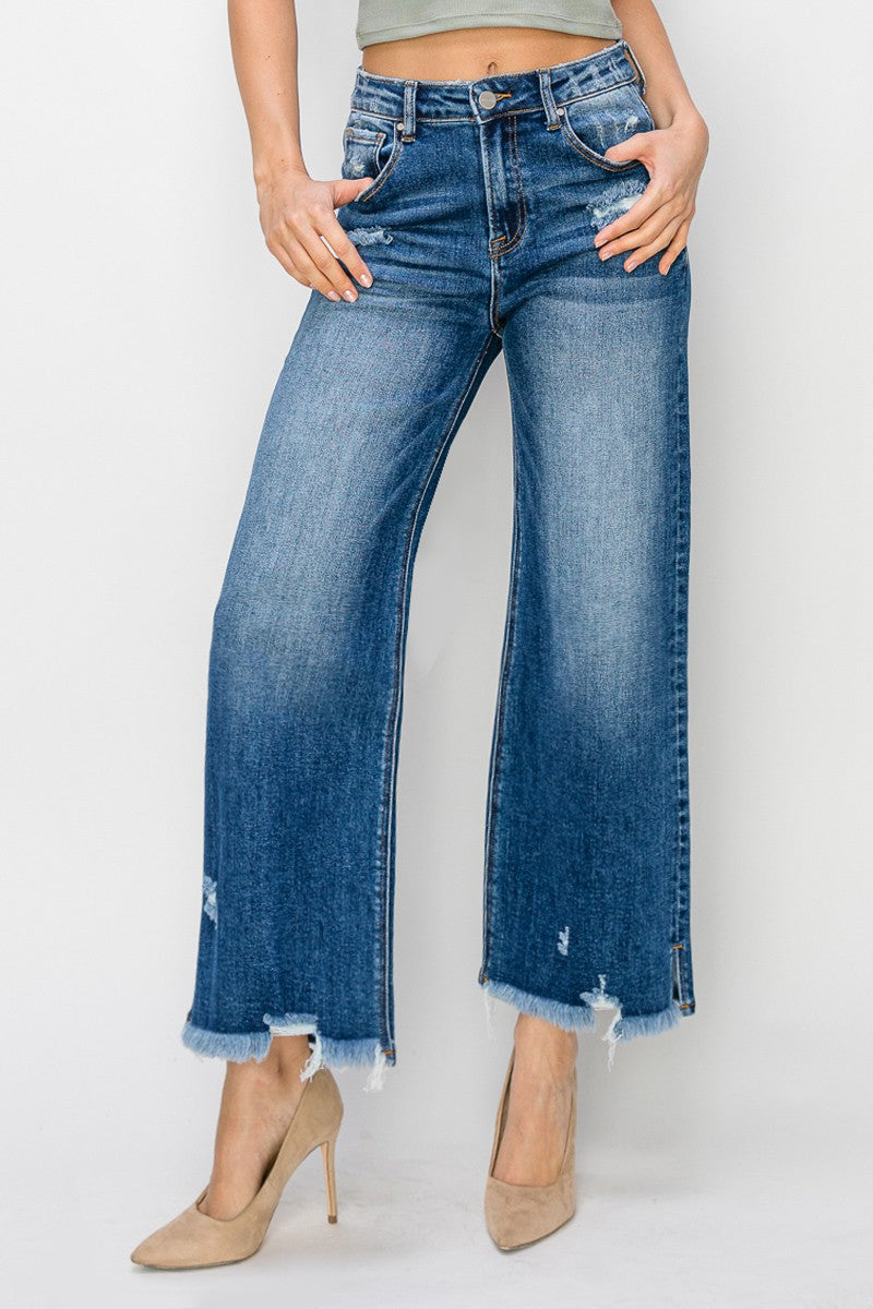 High Ris-Crop Wide-Side Split w/Frey Hem Jeans