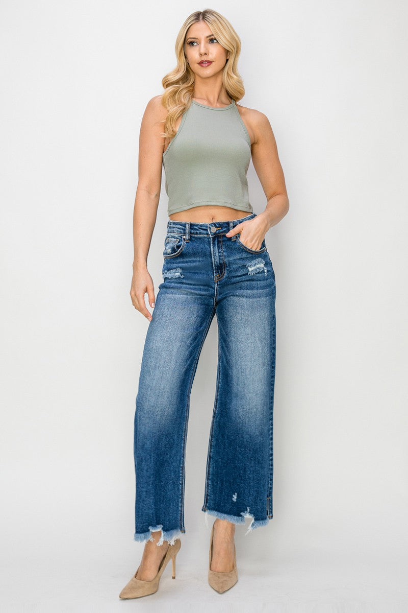 High Ris-Crop Wide-Side Split w/Frey Hem Jeans