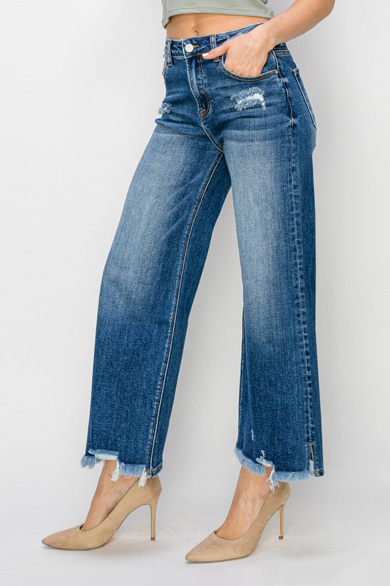 High Ris-Crop Wide-Side Split w/Frey Hem Jeans