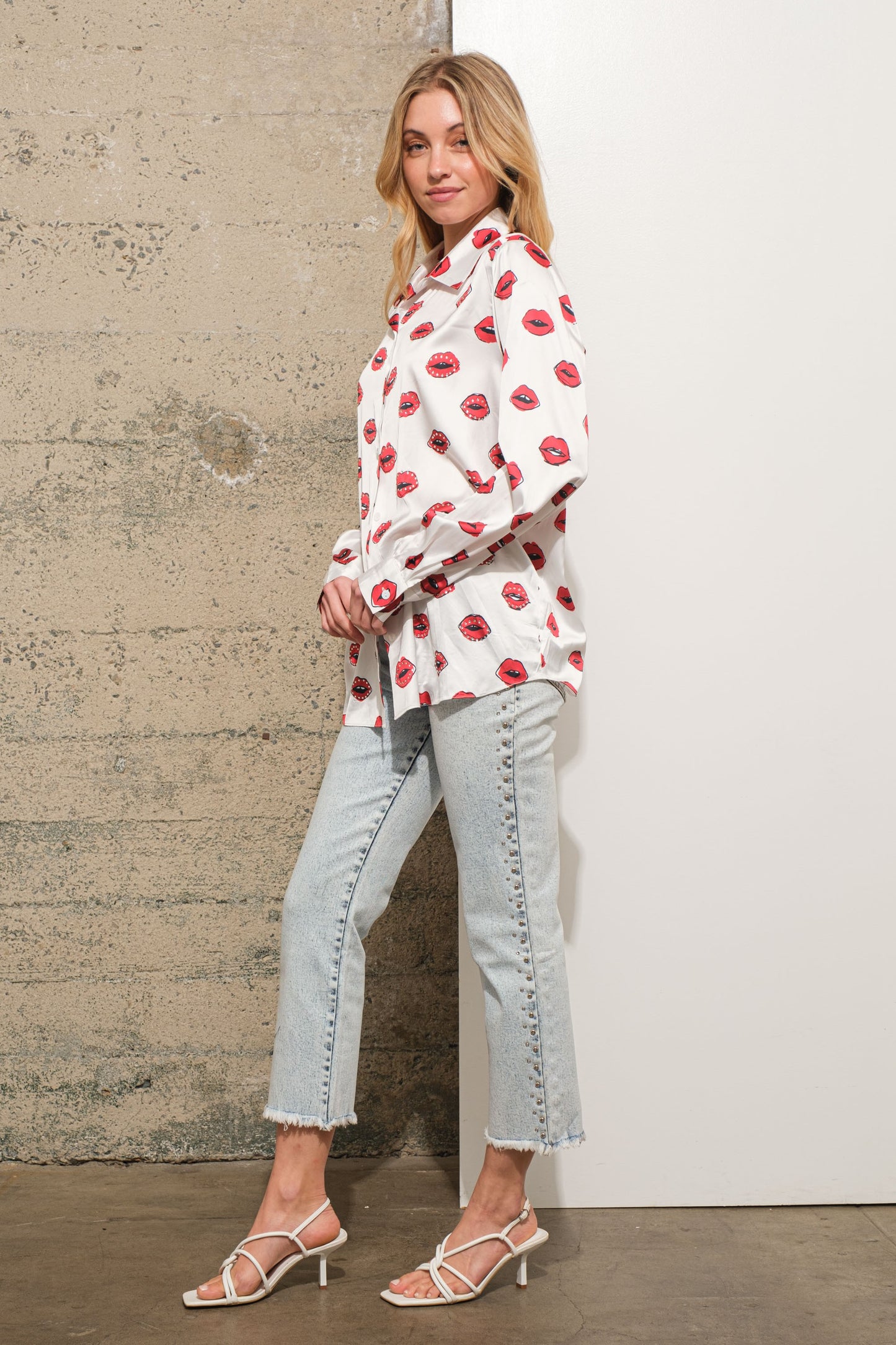 Satin Lips Studded Hotfix Outline Shirt Blouse