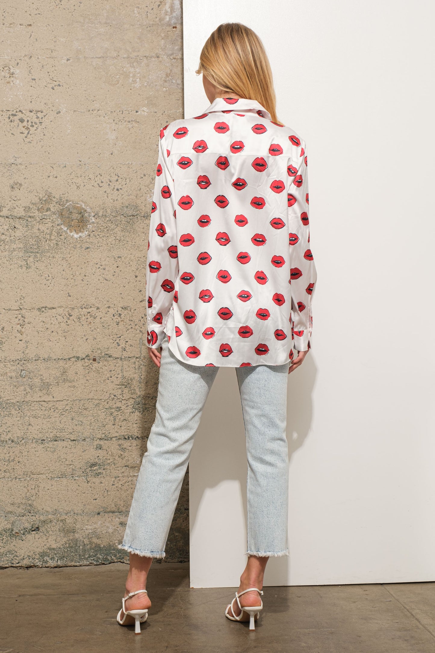 Satin Lips Studded Hotfix Outline Shirt Blouse