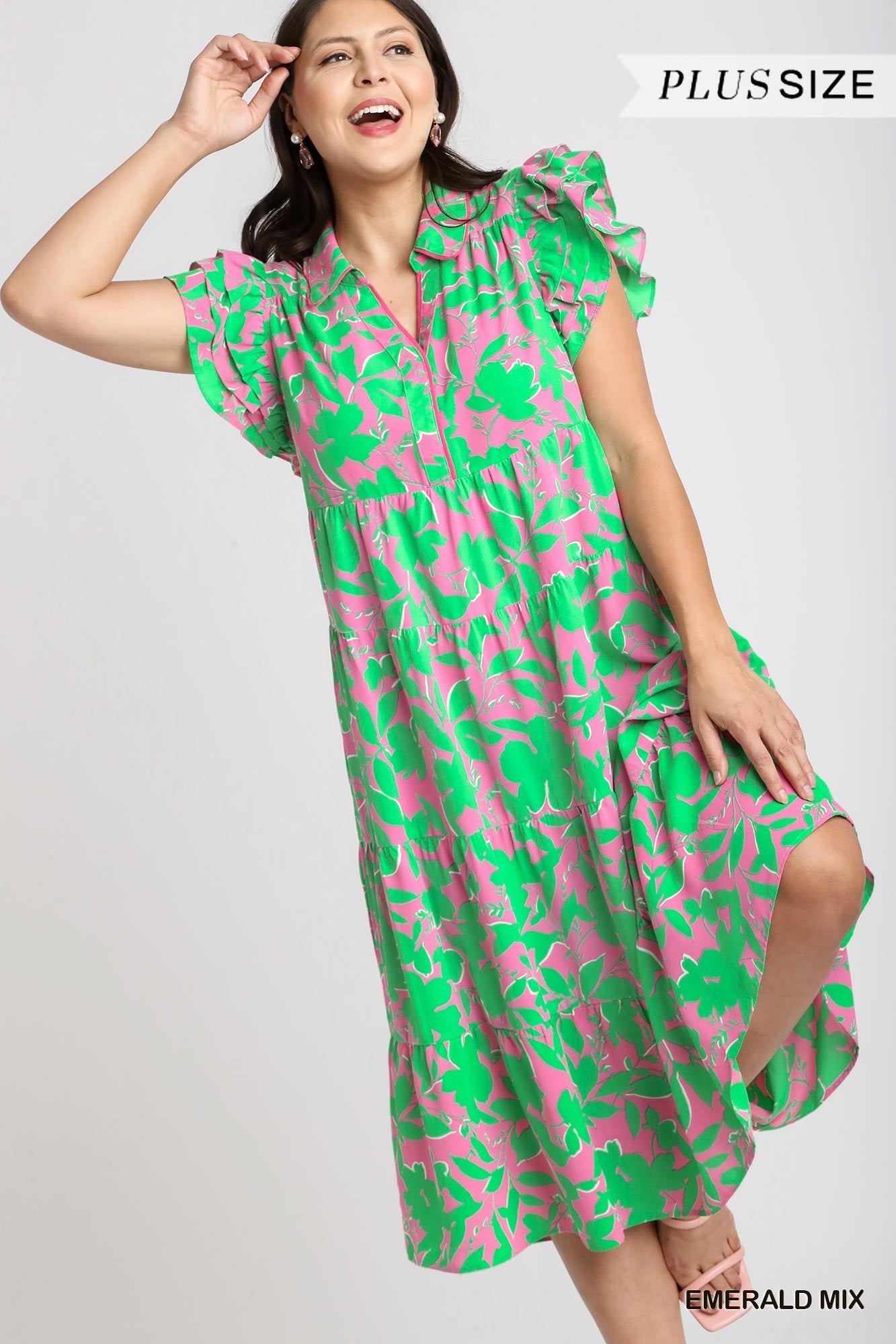 Plus Two Tone A-Line Floral Collared Tiered Dress