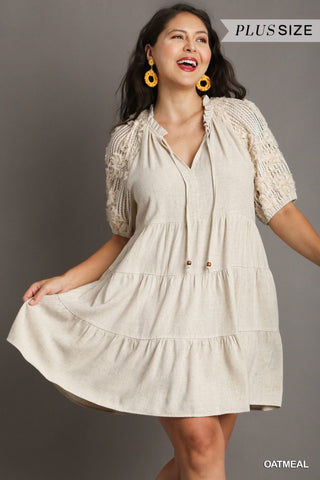 Linen Tiered Dress with V-Neck Ruffle Split Neck