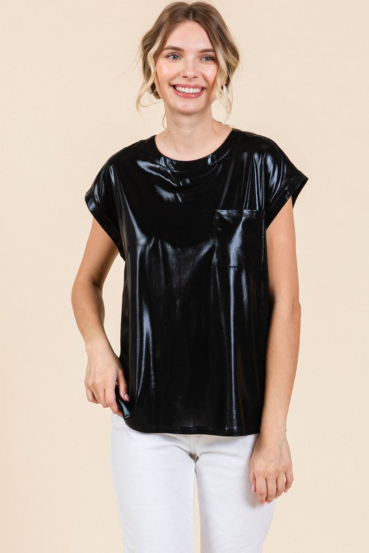 Glossy Pocket U-neck Top
