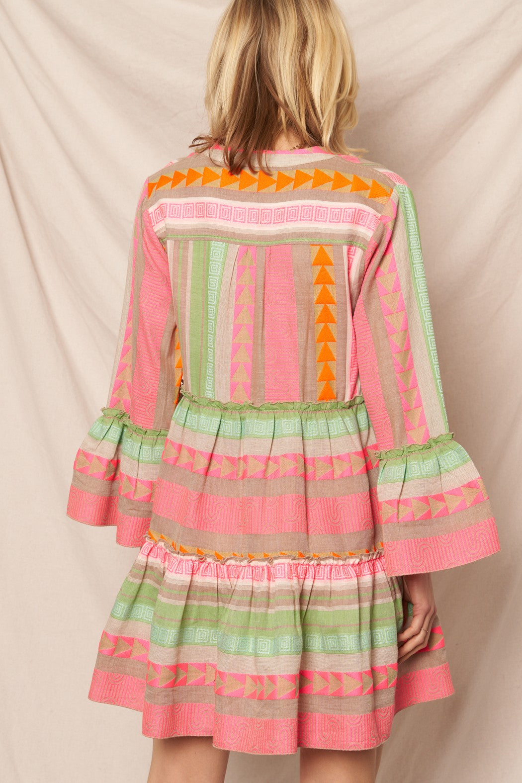 3/4 Sleeve V-Neck Tiered Mini Dress