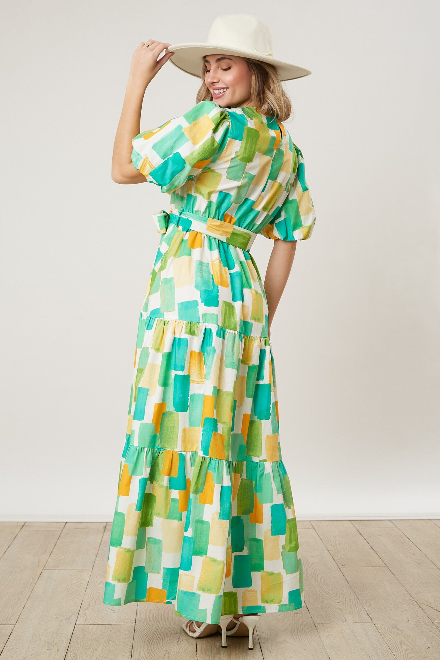 Brush Print Puff Sleeve Tiered Maxi Dress