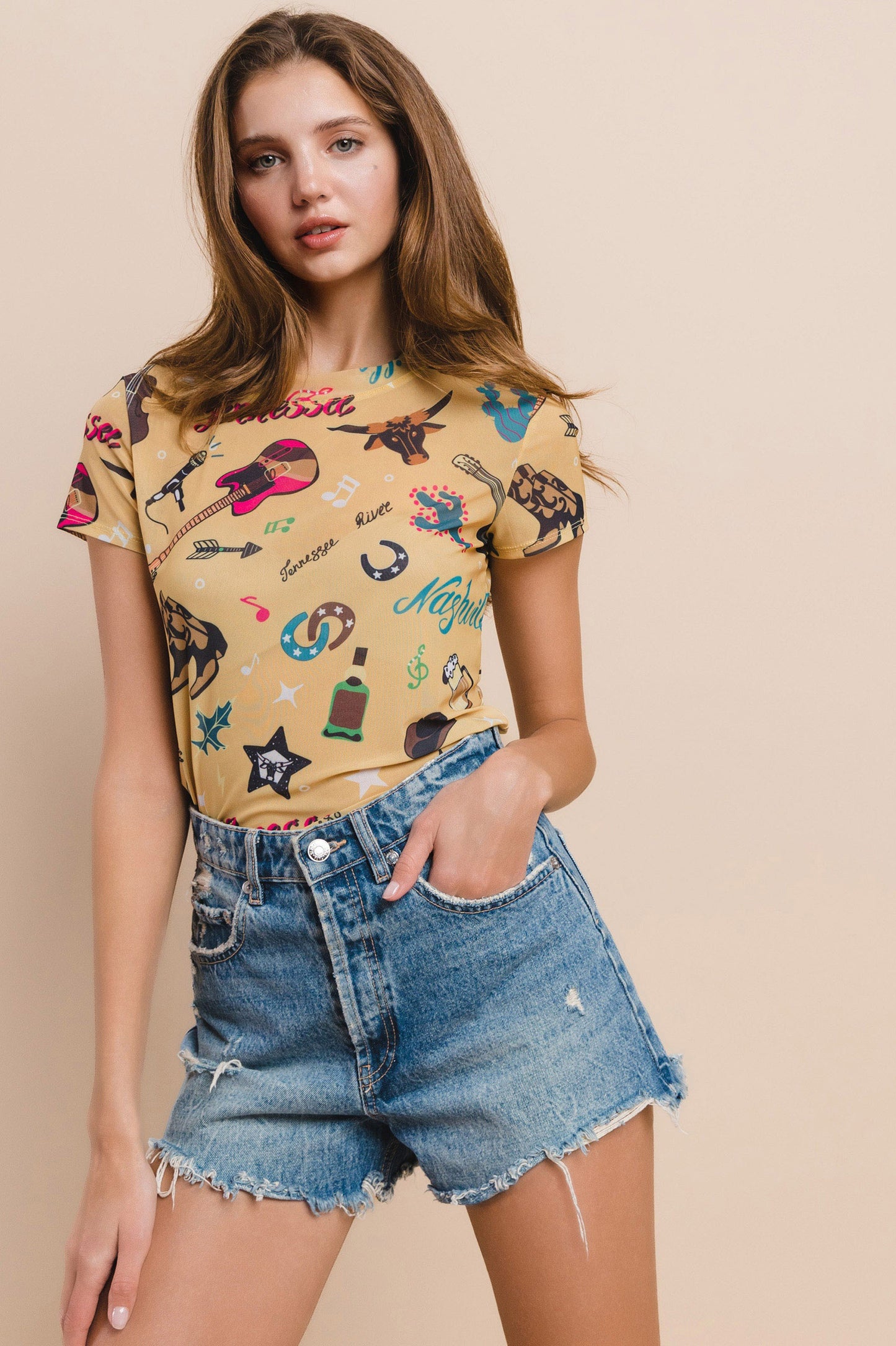 Western Nashville Music Print Mesh Top