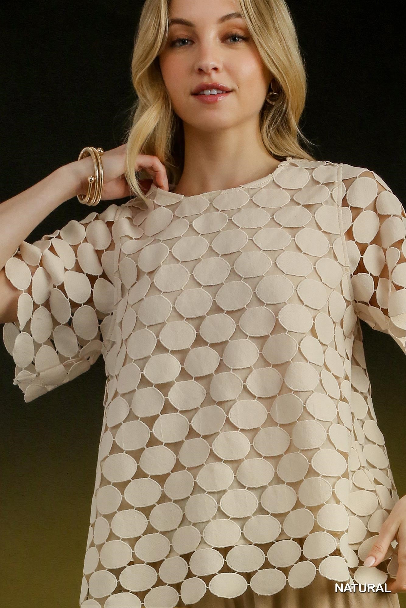 Polka Dot Lace Round Neckline Short Sleeve