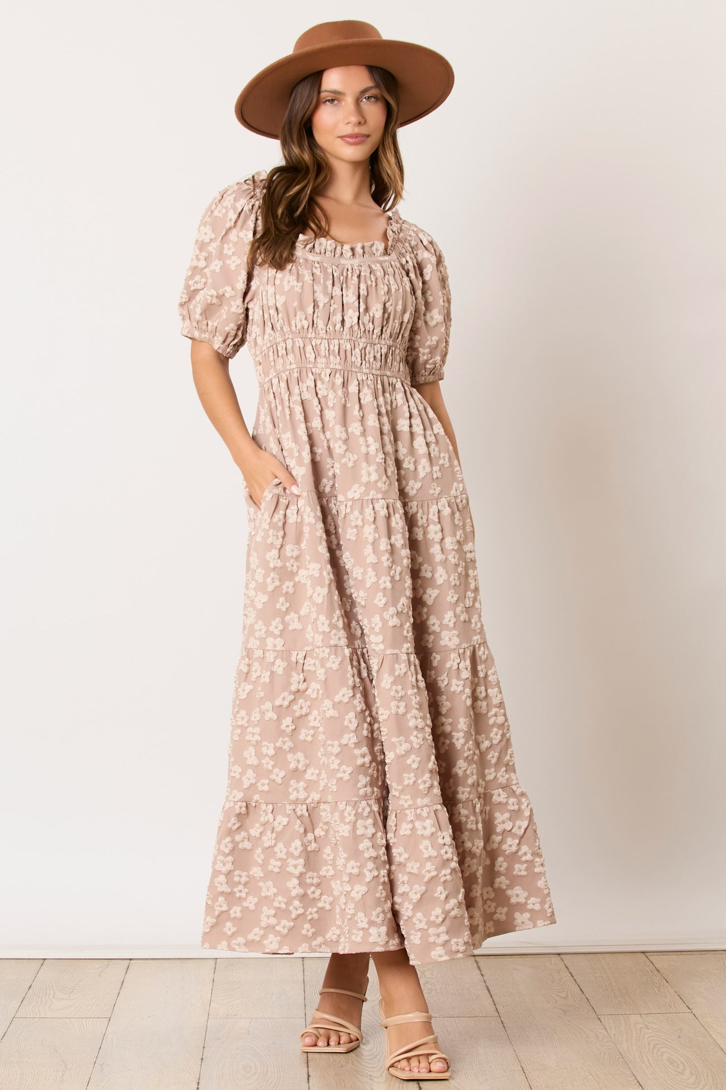 Golden Jacquard Ruffle Detail Maxi Dress