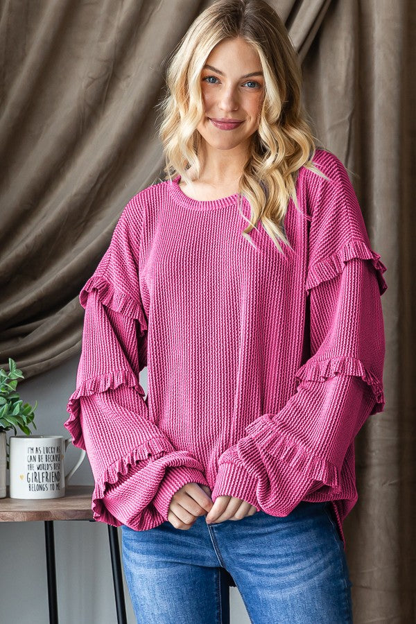 PUFF SLEEVE SOLID URBAN RIBBED SHIRRING TOP