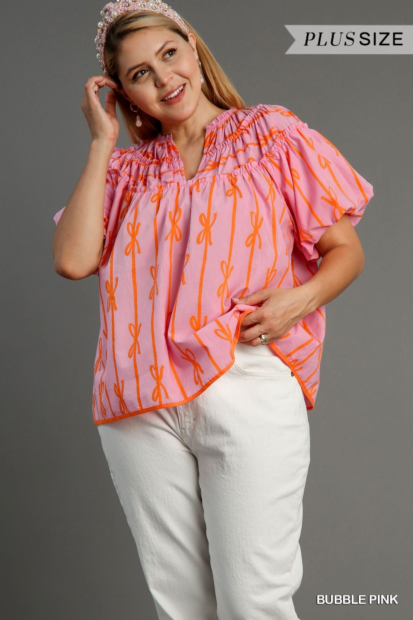 Plus Ribbon Print Ruffle Top