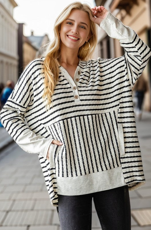 Long Sleeve V-Neck Button Stripe Hoodie