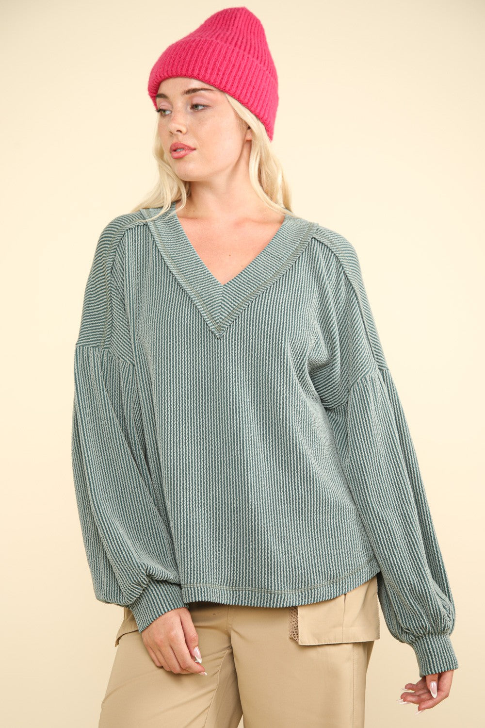 Plus Size Two-Tone Otto Ribbed V-Neck Knit Top
