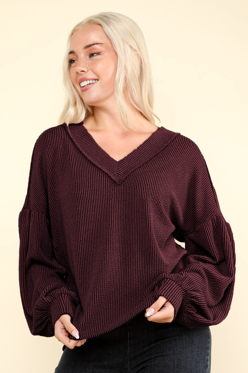 Plus Size Two-Tone Otto Ribbed V-Neck Knit Top