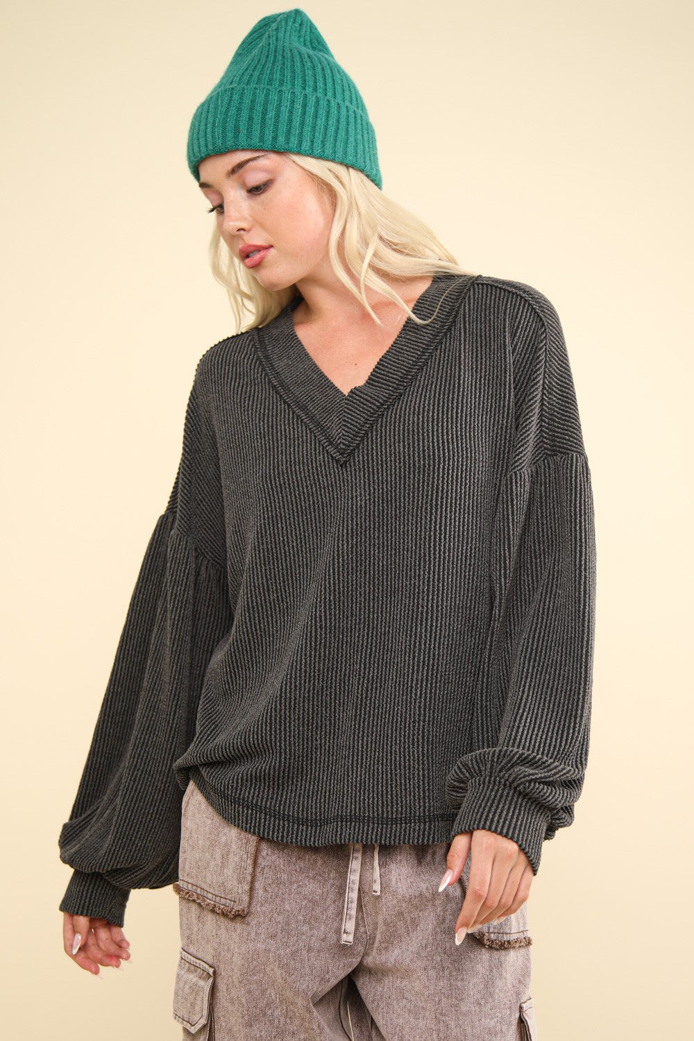 Plus Size Two-Tone Otto Ribbed V-Neck Knit Top