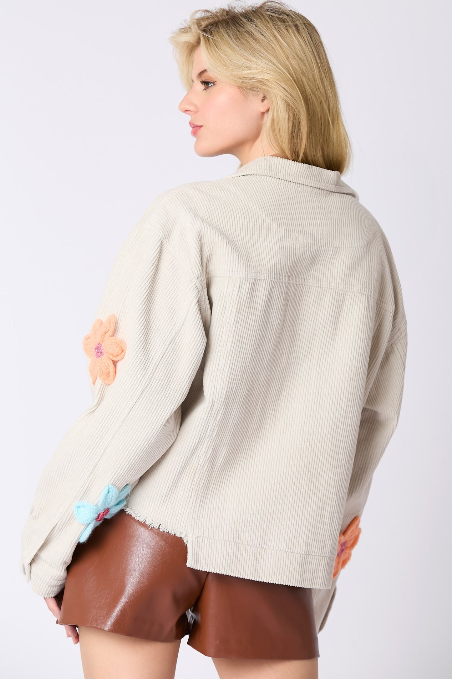 Corduroy Flower Trim Detail Frayed Hem Jacket