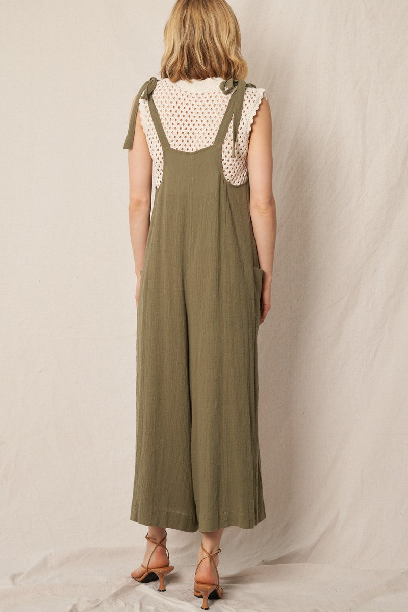 Ruched Neck Shoulder Tie Loose Fit Jumpsuit