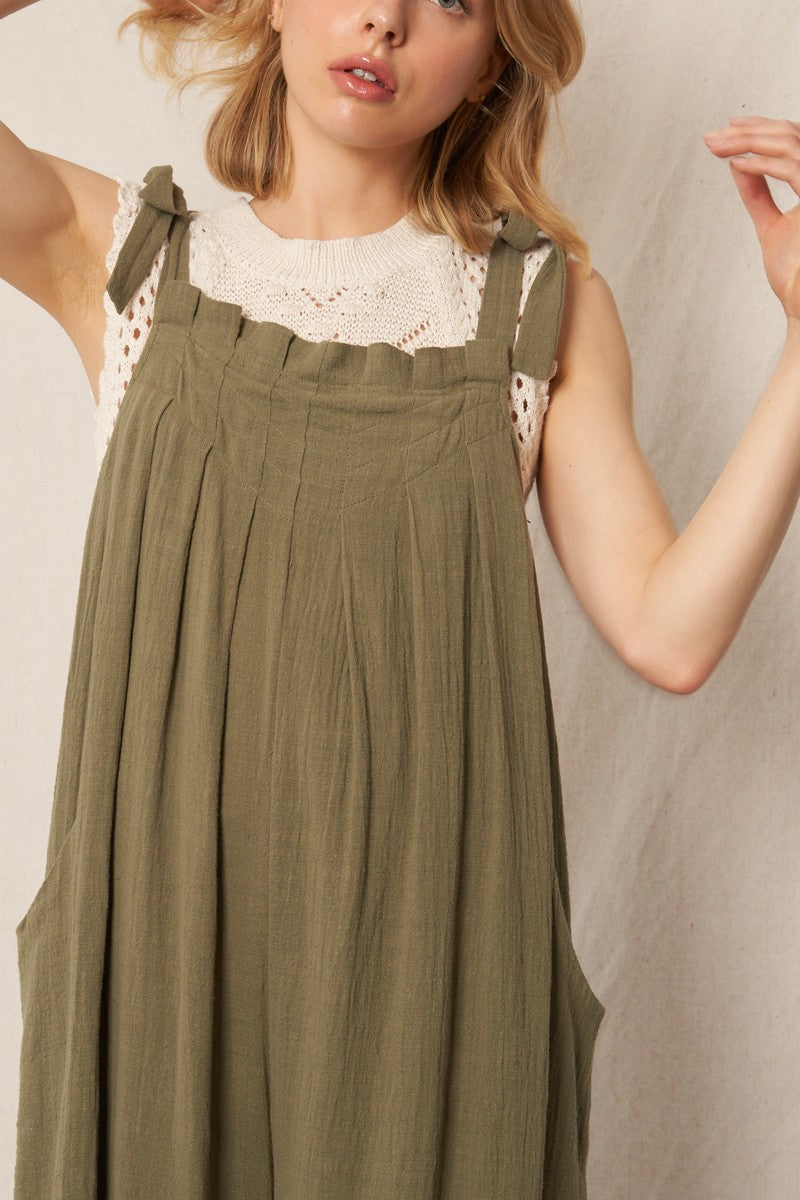 Ruched Neck Shoulder Tie Loose Fit Jumpsuit