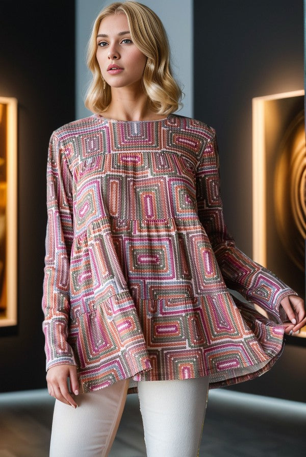 LONG SLEEVE GEOMETRIC PRINT TIRED TOP