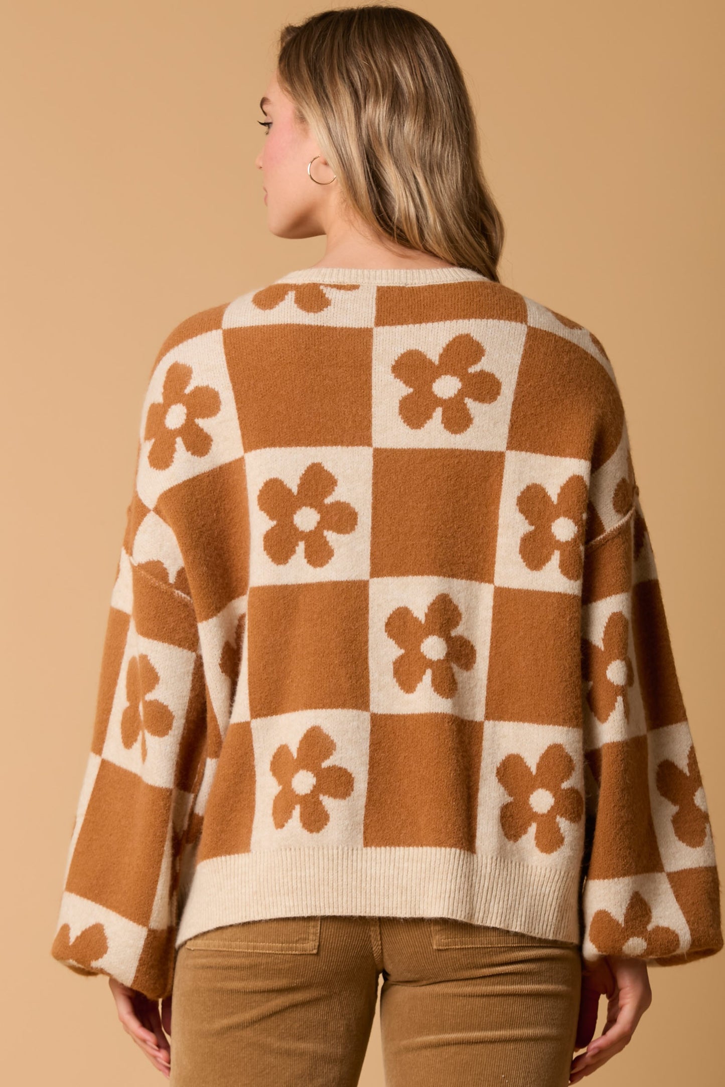 Long Sleeve Knit Sweater with Front Button Brown